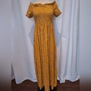 Yarn & Sea maxi dress with off the shoulder smocked top size L mustard gold